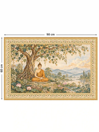 Full pattern view of the Bodhi Serenity wall art in sage green, shown at 90 cm by 60 cm with a seated Buddha under a bodhi tree beside a lotus lake