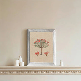 Botanical Bliss Wall Art showcasing a finely detailed floral tree motif with red and green accents on a beige textured background.