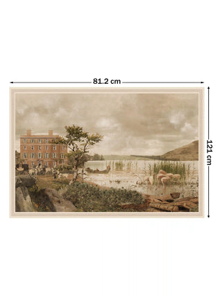 Britannia Oasis wall art print featuring a colonial manor and flamingos by a lake, size 81.2cm x 121cm.