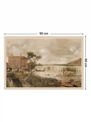Britannia Oasis wall art print featuring a colonial manor and flamingos by a lake, size 60cm x 90cm.