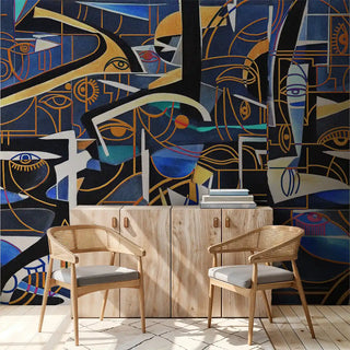 A full wall view of the Cairo Cubism Wallpaper, showcasing its vibrant geometric shapes, abstract faces, and striking lines.