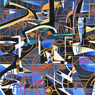 A close-up view highlighting cubist elements such as abstract eyes, faces, and geometric structures in vivid contrasting colors.