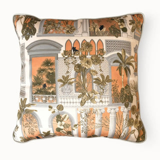Full view of the Cattitude cushion cover featuring a European villa facade with cats and palm trees.