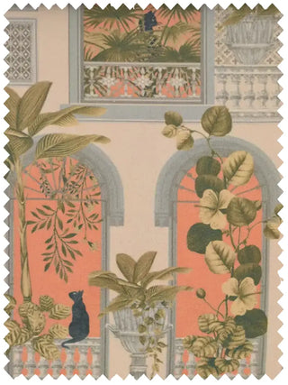 A luxury fabric swatch featuring silhouetted cats among tropical plants and Mediterranean arches in coral and sage.