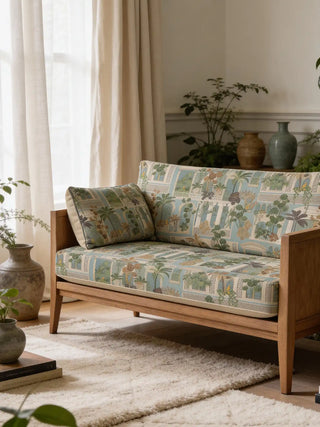 A luxury wooden sofa and matching cushion upholstered in Cattitude fabric, styled in a bright room with neutral drapes.
