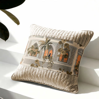 Angled view of the cushion highlighting the plush texture of the quilted borders and the central cat motif.