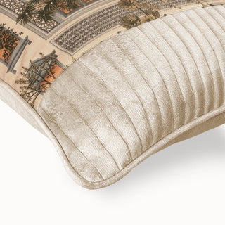 Close-up detail showing the texture of the channel-quilted velvet and the architectural print.