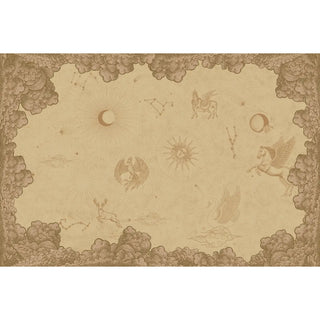A full panoramic view of The Celestial Veil cosmic star map mural featuring mythological beasts and a warm cloud border.