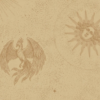 A high-resolution close-up of the engraved phoenix, radiant sun face, and stardust details in the antique beige wallpaper.