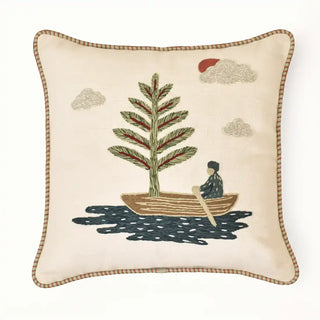 A front-facing studio product shot of the square Celestial Veil embroidered canvas throw pillow cover isolated against a clean white background.