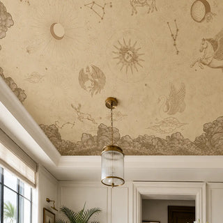 The Celestial Veil antique beige custom mural styled on the ceiling of a grand, symmetrical foyer entrance hall.