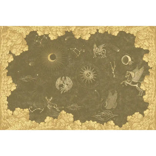 A full panoramic view of The Celestial Veil cosmic star map mural featuring mythological beasts and a gold cloud border.