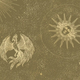 A high-resolution close-up of the engraved phoenix, radiant sun face, and stardust details in the sage green wallpaper.