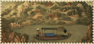 An artistic illustration with a postage stamp border, showing a person and a black animal in a boat on a lake with a hilly landscape and pagodas in the background.
