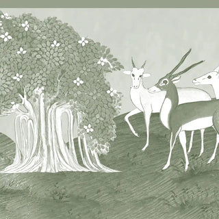 Close-up of the Chandni Van sage green border showing a hand-painted banyan tree and deer in a forest landscape.