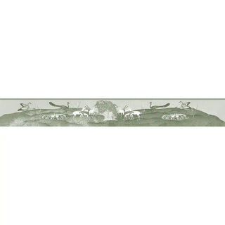 A wide horizontal panorama of the Chandni Van sage green wall border featuring peacocks and deer in an Indian forest.