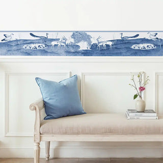 Close-up image of the Chandni Van wallpaper strip showing the blue peacock and deer animal scene.