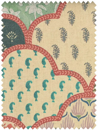 A high-resolution swatch of Chhap fabric featuring a scalloped ogee pattern with sage green paisleys and terracotta borders.