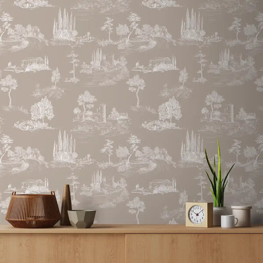 Chic Toile Design Wallpaper for Wall Beige