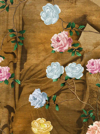 A close-up of the Chinoiserie Gardens of Antiquity wall art showing pink, cream, and pale blue rose-type blossoms over the sepia garden scene.