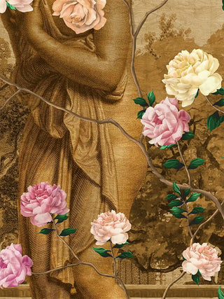 A close-up of the Chinoiserie Gardens of Antiquity wall art showing a sepia classical statue draped in rose and peony branches.