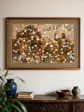The Chinoiserie Gardens of Antiquity wall art framed above a carved wood console with ceramics and books.