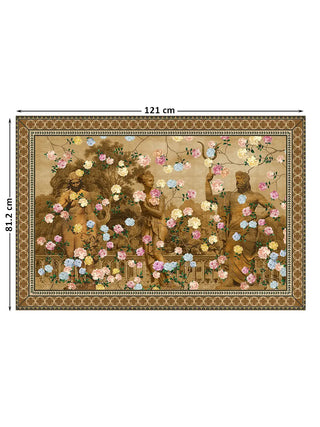 The Chinoiserie Gardens of Antiquity wall art, 121 x 81 cm, showing full scene and border with size markers.