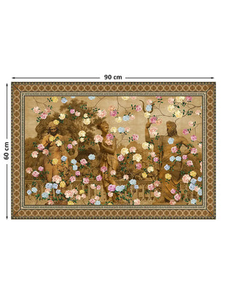 The Chinoiserie Gardens of Antiquity wall art, 90 x 60 cm, showing full scene and border with size markers.