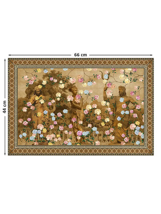 The Chinoiserie Gardens of Antiquity wall art, 66 x 44 cm, showing full scene and border with size markers.
