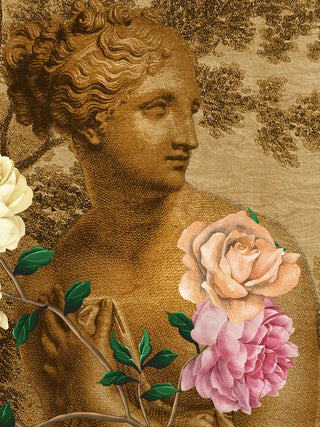 A close-up of the Chinoiserie Gardens of Antiquity wall art showing a draped statue bust beside peach and pink rose blossoms.