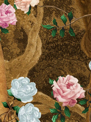 A close-up of the Chinoiserie Gardens of Antiquity wall art showing pink and pale blue rose-type blossoms trailing across the sepia garden scene.