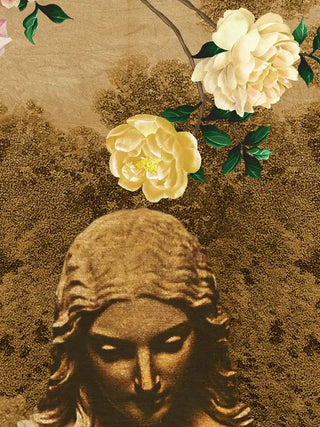 A close-up of the Chinoiserie Gardens of Antiquity wall art showing a sepia statue's head beneath cream and yellow peony blooms.