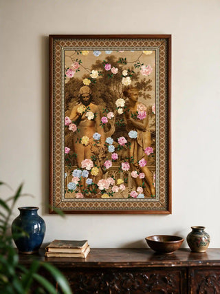 The Chinoiserie Gardens of Antiquity wall art, vertical orientation, framed in a dark wood frame above a carved console with ceramics and books.