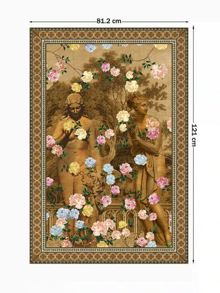 The Chinoiserie Gardens of Antiquity wall art, vertical orientation, 81.2 x 121 cm, showing full scene and border with size markers.