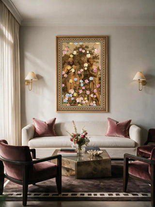 The Chinoiserie Gardens of Antiquity wall art, vertical orientation, framed above a cream sofa with dusty pink velvet chairs and cushions.
