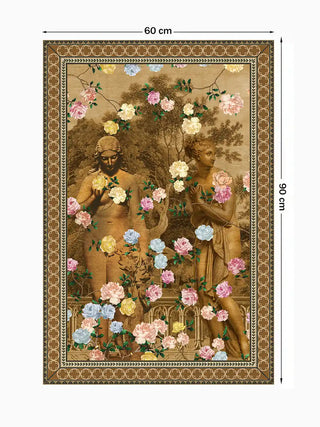 The Chinoiserie Gardens of Antiquity wall art, vertical orientation, 60 x 90 cm, showing full scene and border with size markers.