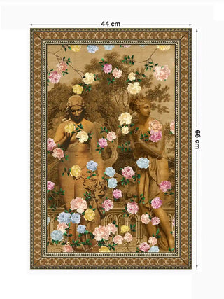 The Chinoiserie Gardens of Antiquity wall art, vertical orientation, 44 x 66 cm, showing full scene and border with size markers.