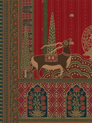 A high-resolution detail shot highlighting the antelope, cypress trees, and lotus archway borders on the Chitrakar canvas print.