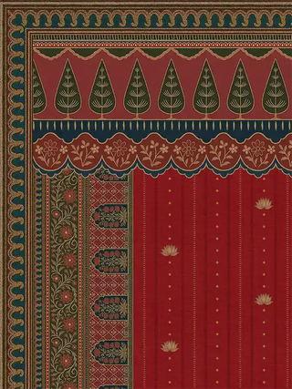 A macro view of the upper pine tree border and deep crimson slub fabric texture on the Chitrakar fine-art print.