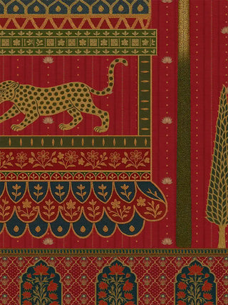 A close-up of the second pavilion in the Chitrakar wall art, with a spotted big cat, banded borders, a slender tree and arched lotus-bloom niches below.
