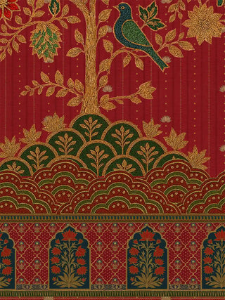 A close-up of the Chitrakar wall art showing a bird in a golden tree rising from scalloped hills above a border of red blooms in arched niches.