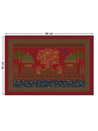 Full view of the Chitrakar wall art showing a central tree flanked by domed pavilions with spotted cats, palms and a water band, at 44 cm by 66 cm.