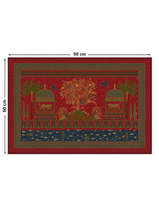 Full view of the Chitrakar wall art showing a central tree flanked by domed pavilions with spotted cats, palms and a water band, at 60 cm by 90 cm.