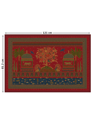 Full view of the Chitrakar wall art showing a central tree flanked by domed pavilions with spotted cats, palms and a water band, at 81.2 cm by 121 cm.