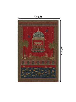 Chitrakar domed pavilion wall art in madder red shown at 44 x 66 cm with dimension markings for size reference.
