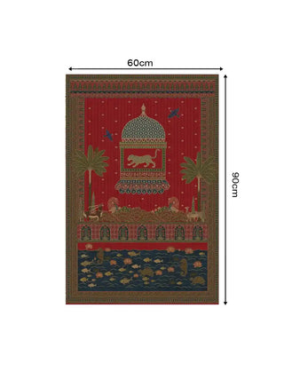 Chitrakar leopard and lotus pond wall art in madder red shown at 60 x 90 cm with dimension markings for size reference.
