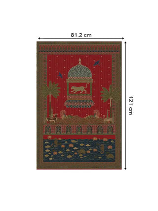 Chitrakar Pichwai wall art in madder red shown at 81.2 x 121 cm with dimension markings for size reference.