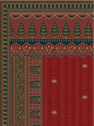 Close up of the Chitrakar wall art in madder red showing the cypress-tree frieze, scalloped floral valance and gold lotus motifs of the upper border.