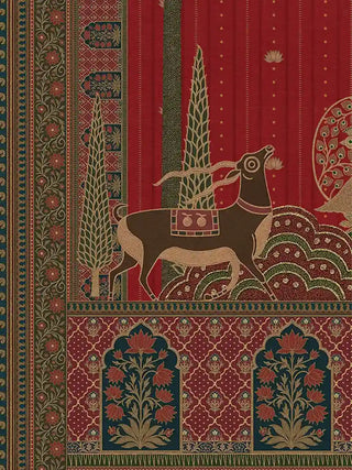 Close up of the Chitrakar wall art in madder red showing the fine gold linework of the antelope, slender cypress trees and teal lotus arch panels below.