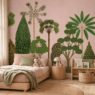 Bedroom with pink walls and green tree chitran wallpaper, featuring a bed and side table. view-kids